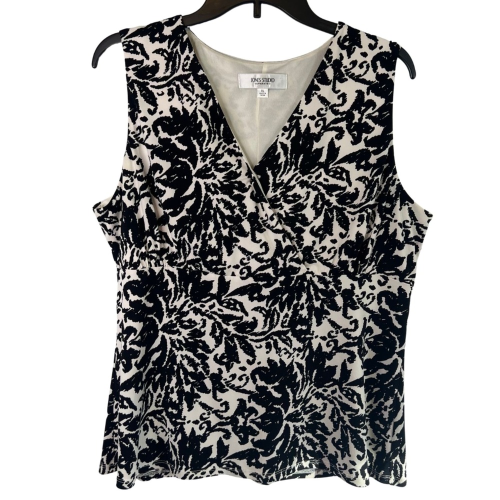 Jones Studio Tank Top Black White Floral Faux Wrap Blouse Office Career XL